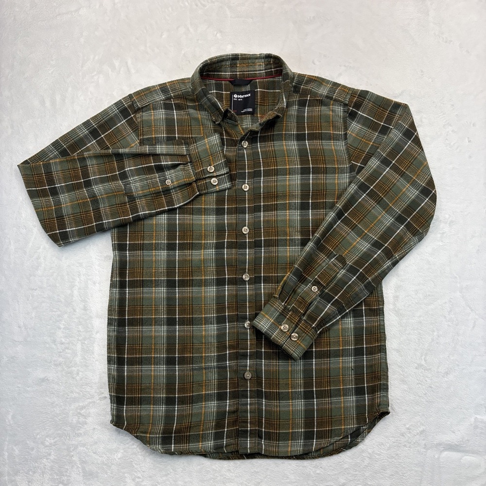 Marmot Men's Small Green Plaid Flannel Button Down Shirt L/S Cabincore Outdoor